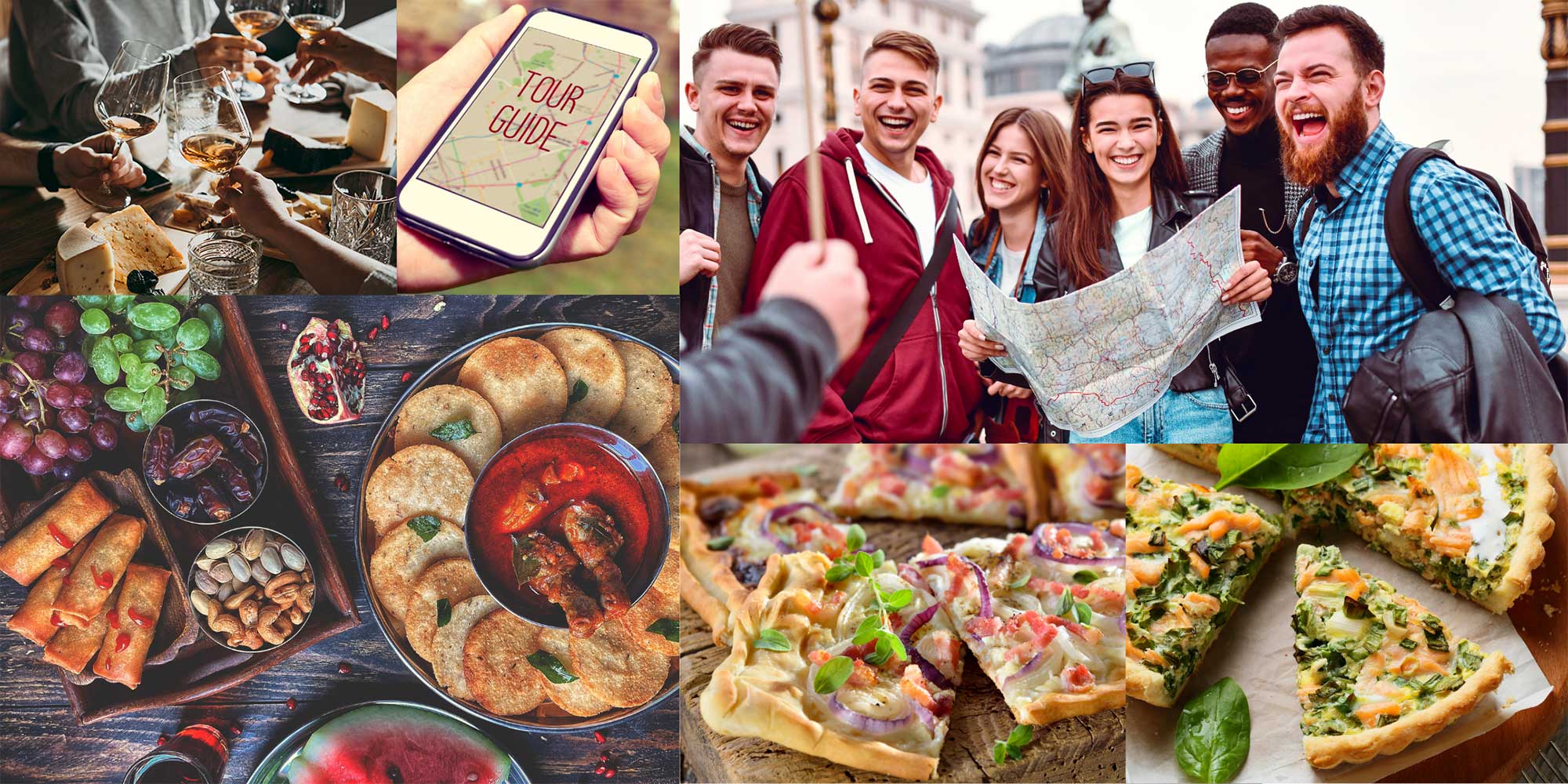 Collage of food, drinks, tour guide, and group photo.