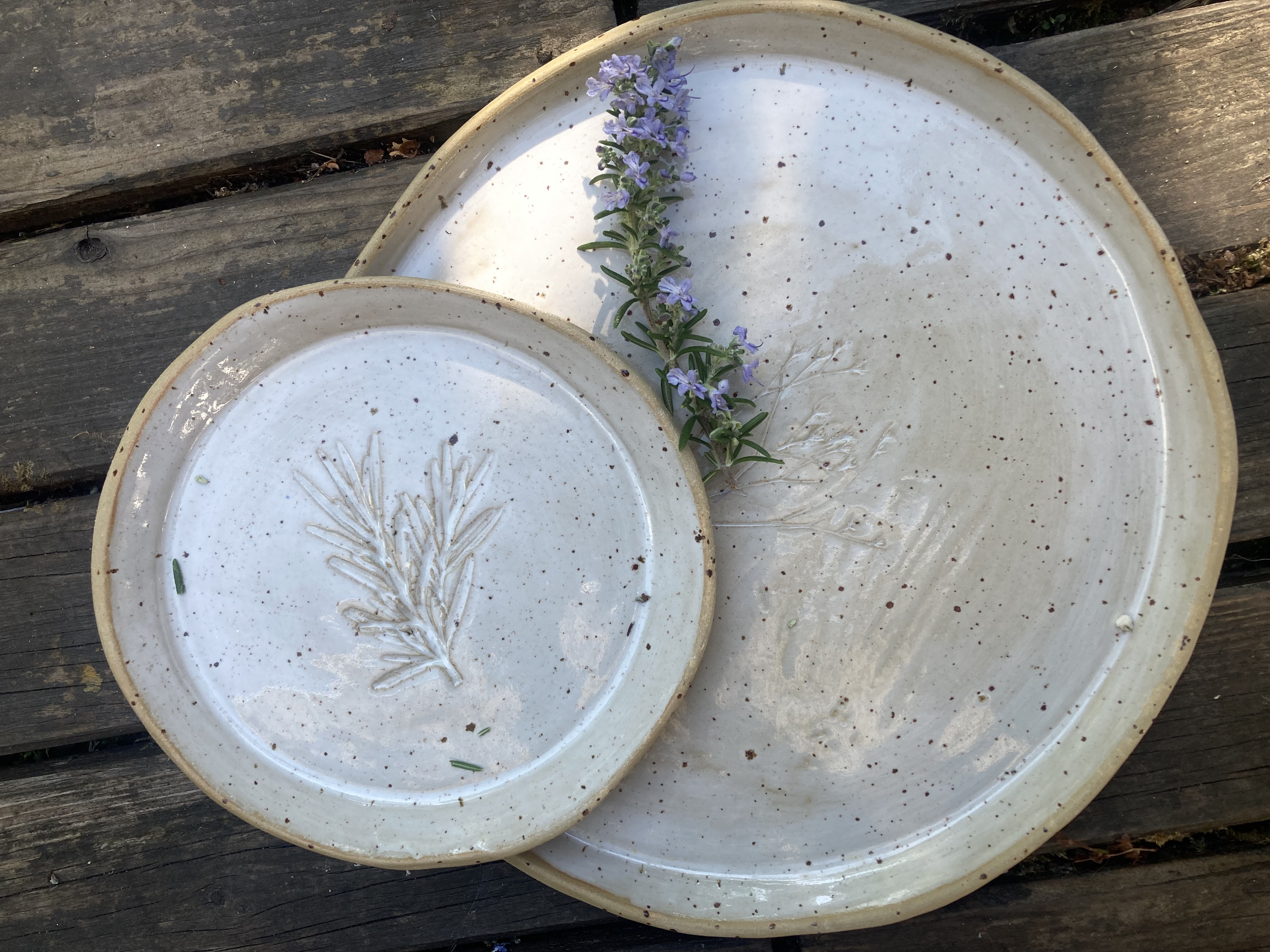 Two ceramic plates with rosemary design.