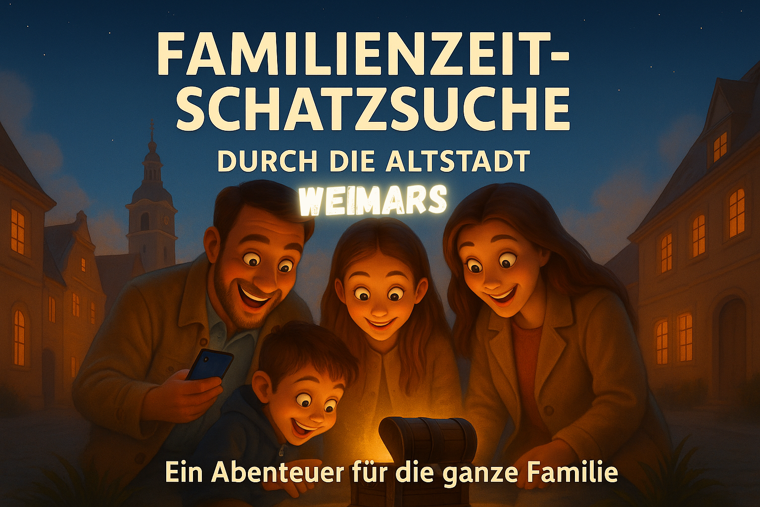 Family excitedly gathers around glowing treasure chest.