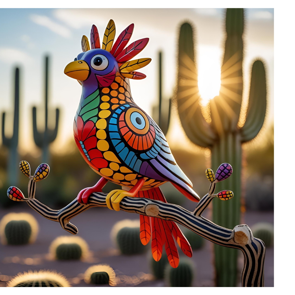 Colorful bird sculpture in desert with cacti.
