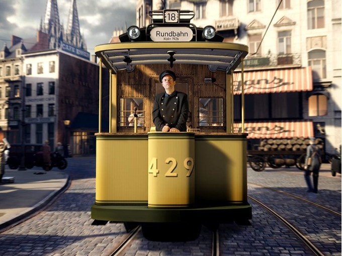 Historische Straßenbahn 429 mit Schaffner, Stadt Hintergrund.