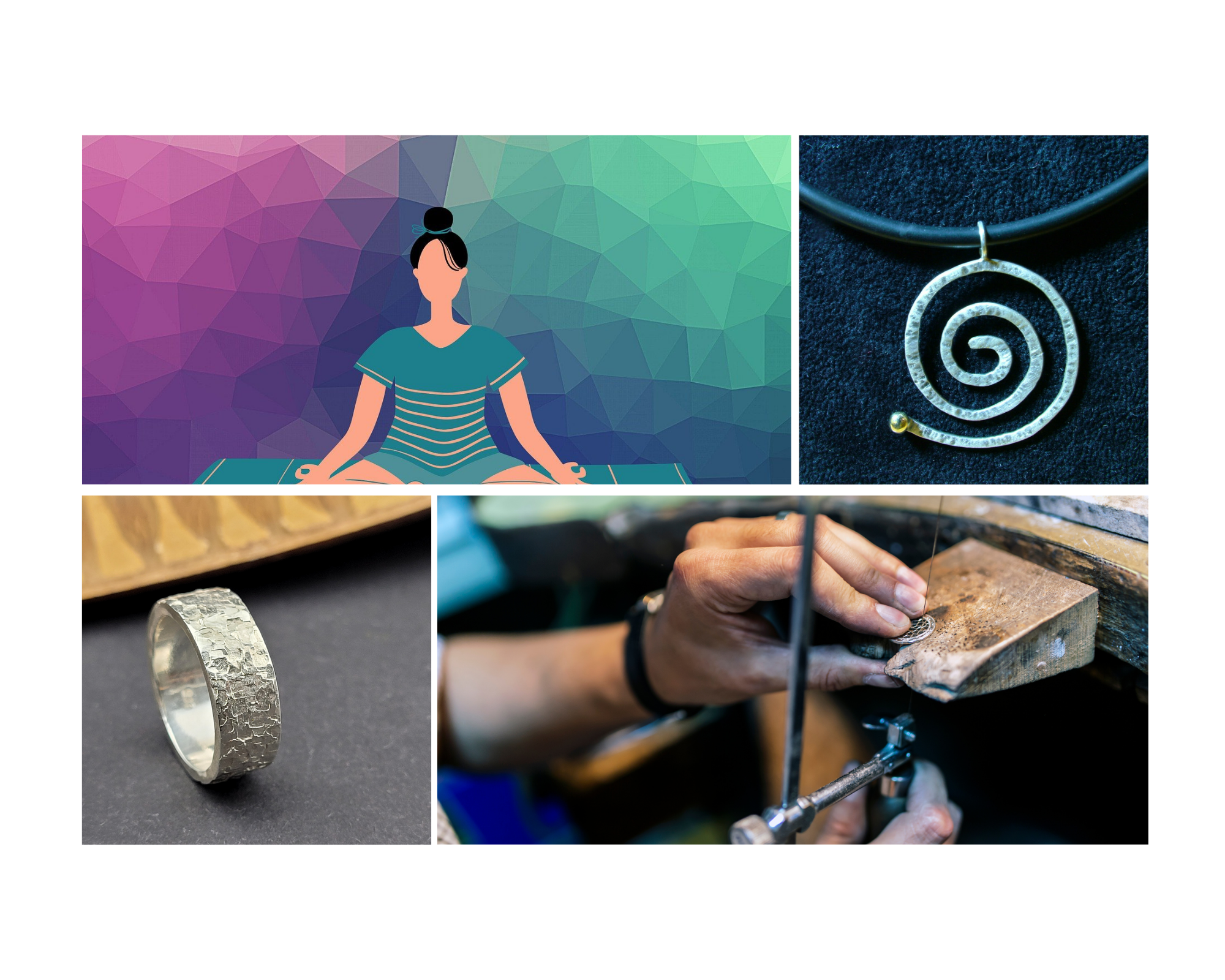 Collage: Meditation, Halskette, Ring, Schmuckherstellung.